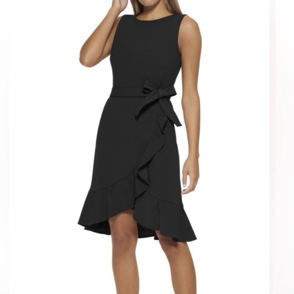 Calvin Klein Black Ruffle Tulip Hem Stretch Crepe Belt Sleeveless‎ Dress Size 4